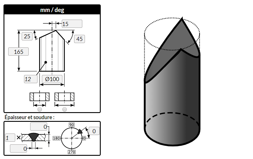 Traçage d'un cylindre coupé par deux plans en "A" avec le logiciel MetalFox