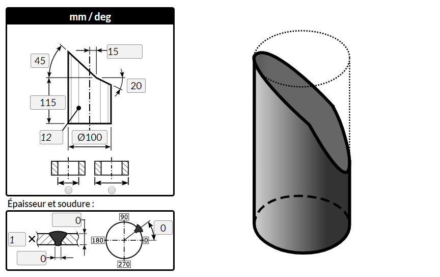 Traçage d'un cylindre coupé par deux plans en "L" avec le logiciel MetalFox