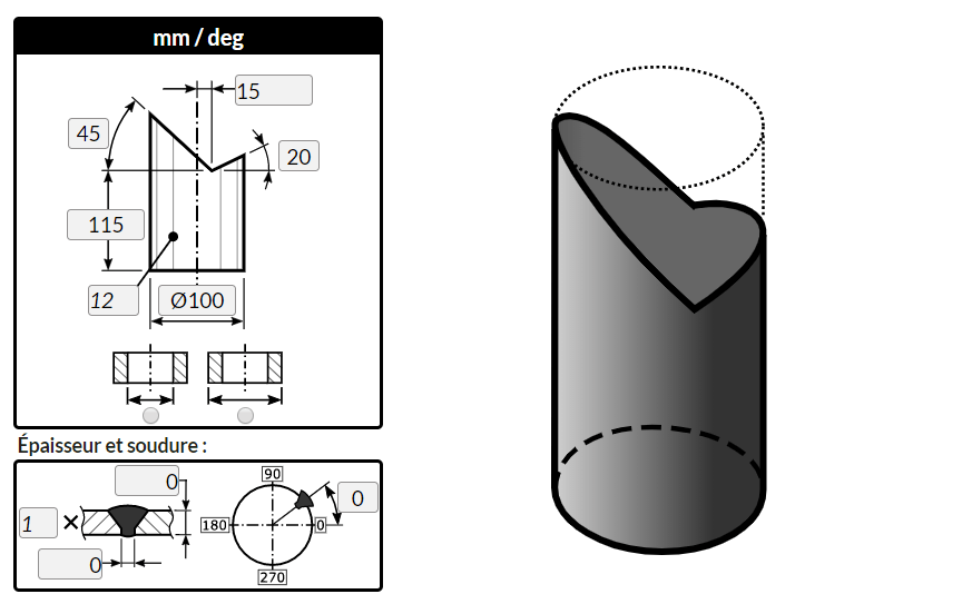 Traçage d'un cylindre coupé par deux plans en "V" avec le logiciel MetalFox